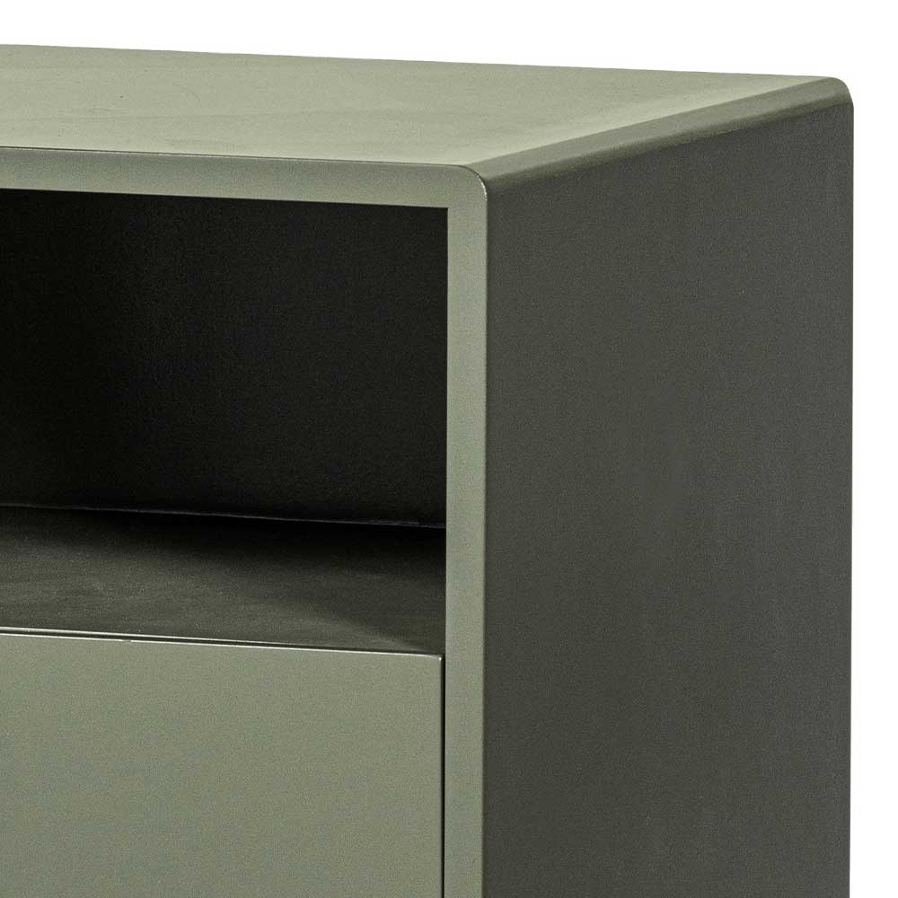 Detailansicht der abgerundeten Ecken und Oberfläche der dunkelgrünen Nachtkommode – Joi