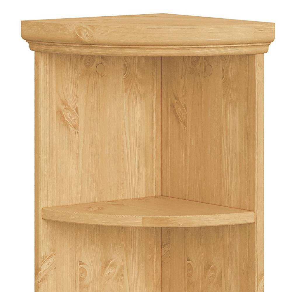 Oberer Bereich des Eckregals aus Kiefer Natur mit runder Abschlussleiste und Ablagefach – Snog