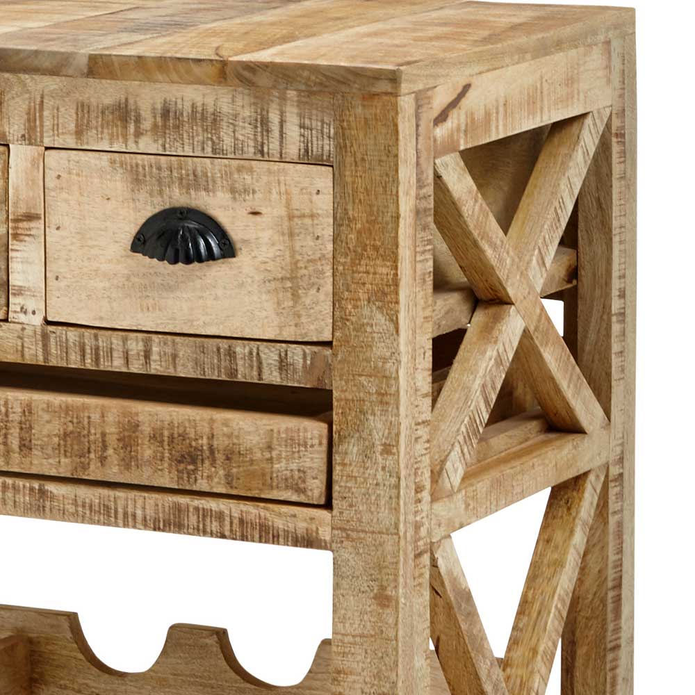 Seitenansicht des Barwagens mit rustikalem X-Design aus Mangoholz und Muschelgriff an der Schublade – Radulyn