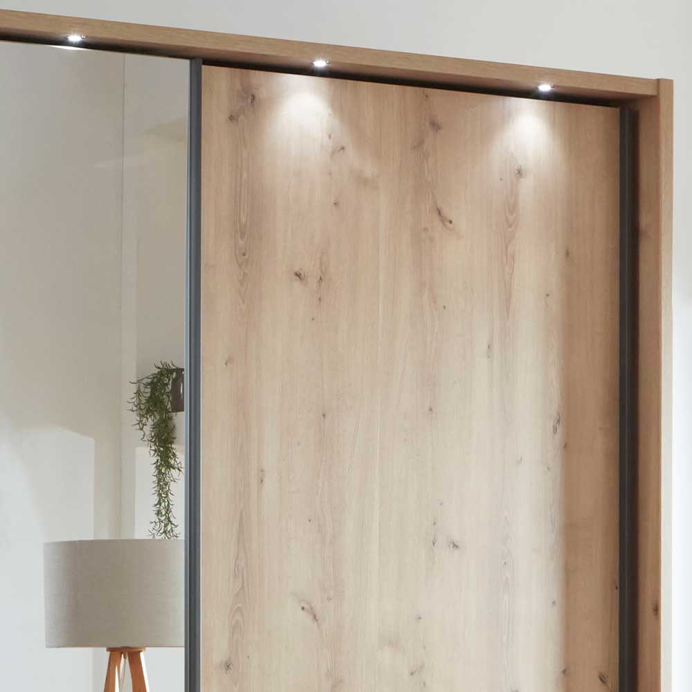 Schwebetürenschrank oben mit integrierter LED-Beleuchtung und Holzrahmen – Ulapos
