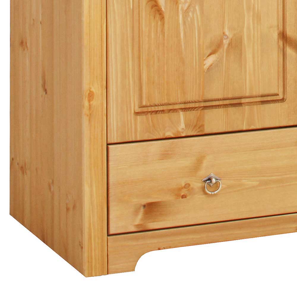 Untere linke Ecke des Kiefernholz Kleiderschranks mit Holztür und passender Schublade – Imressa