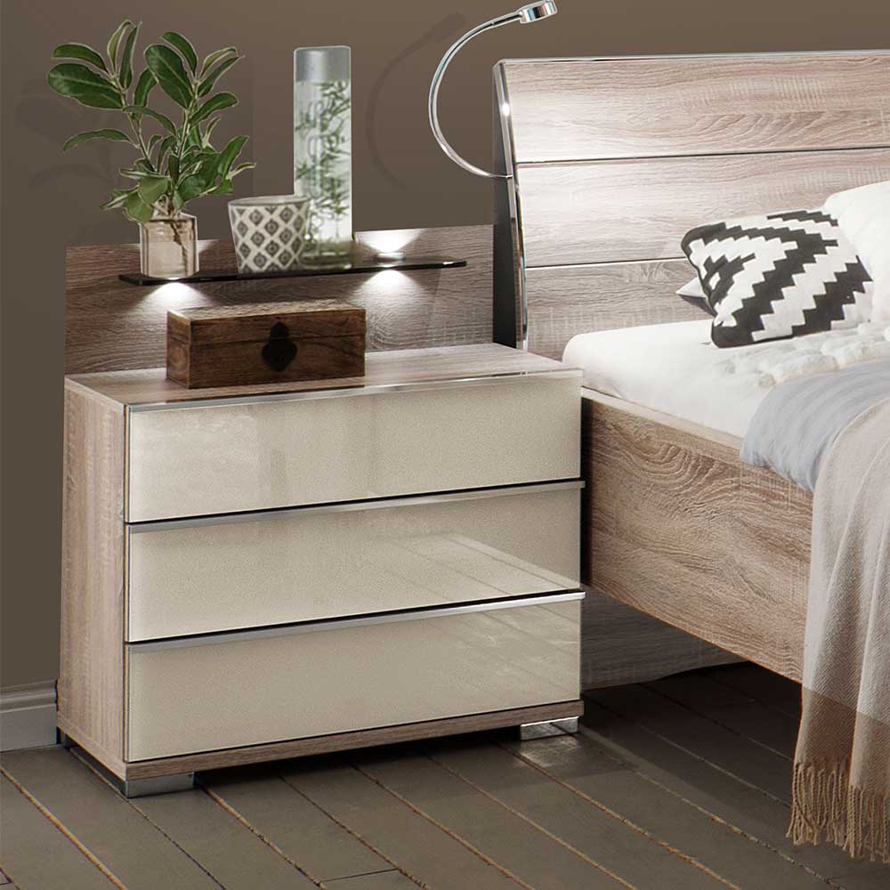 Nachttisch mit drei Schubladen, integrierter Beleuchtung und Holz-Finish – Rativian