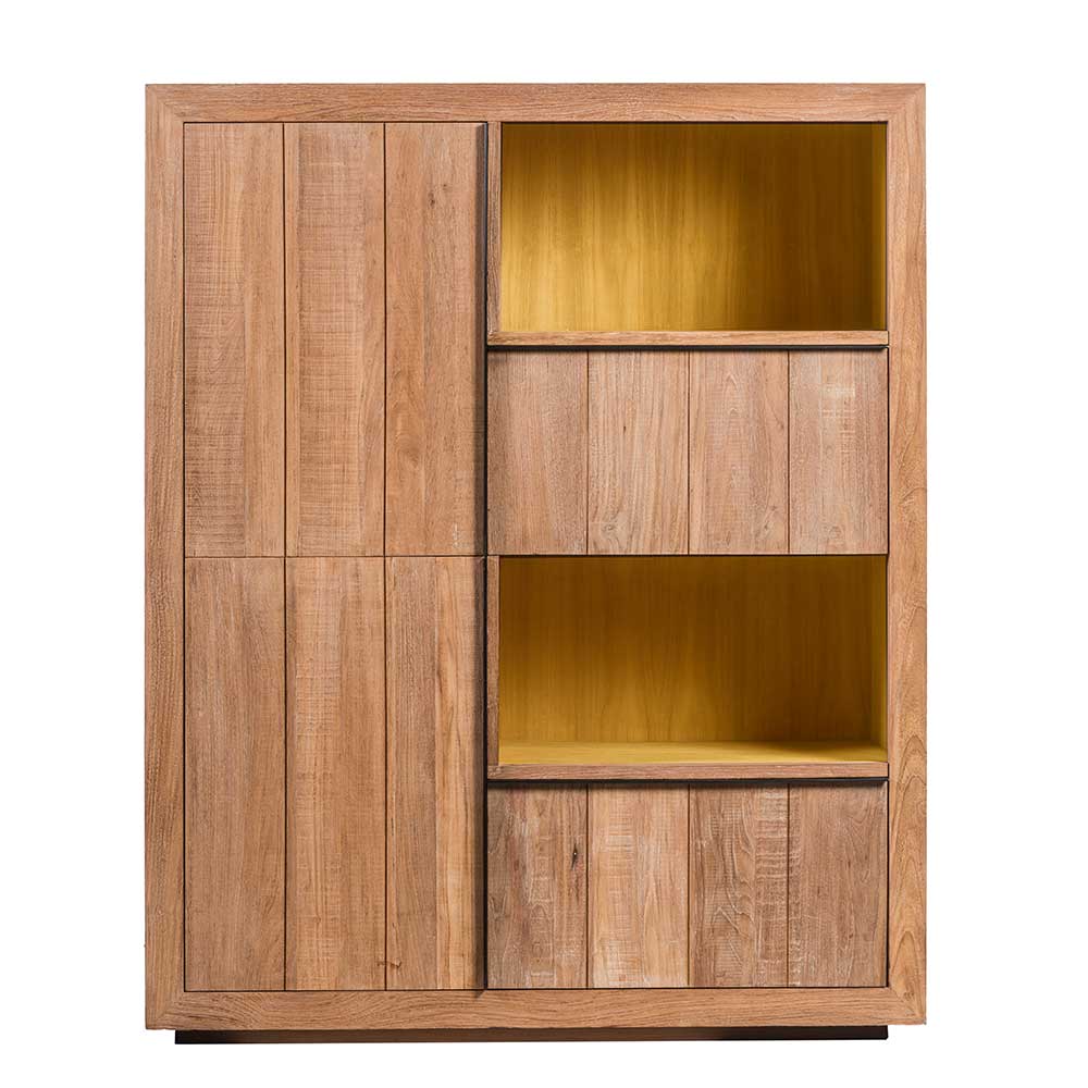 Geschlossener Teak Barschrank Natur mit schwarzen Akzenten und gelben Innenfächern – Myons