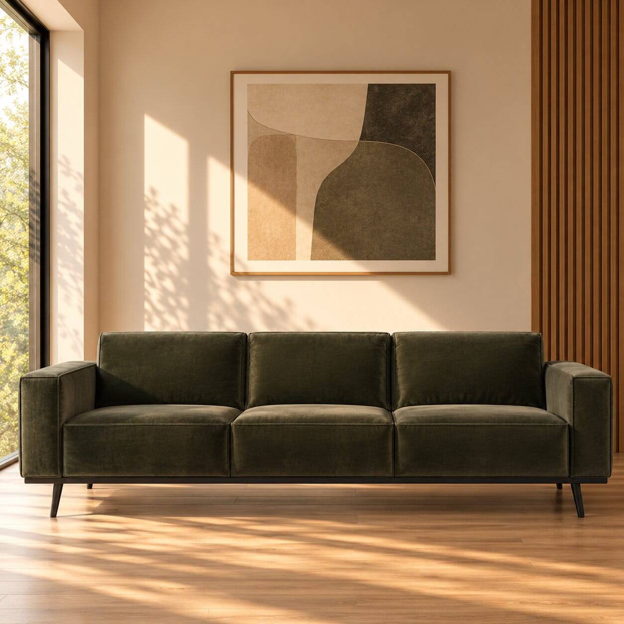 230x77x93 Dreier Samtsofa in Dunkelgrün - Bonany