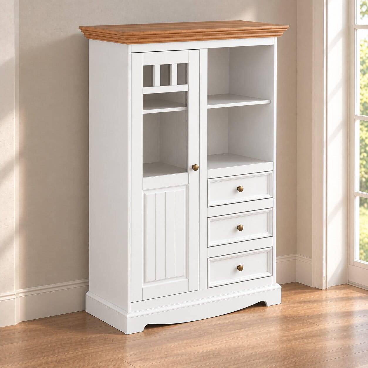 Landhaus Highboard in Weiß und Eiche - Bordona