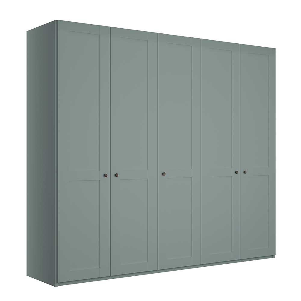 Geräumiger graugrüner Kleiderschrank mit sechs Türen und schwarzen Knöpfen im Landhaus-Design – Rajavo