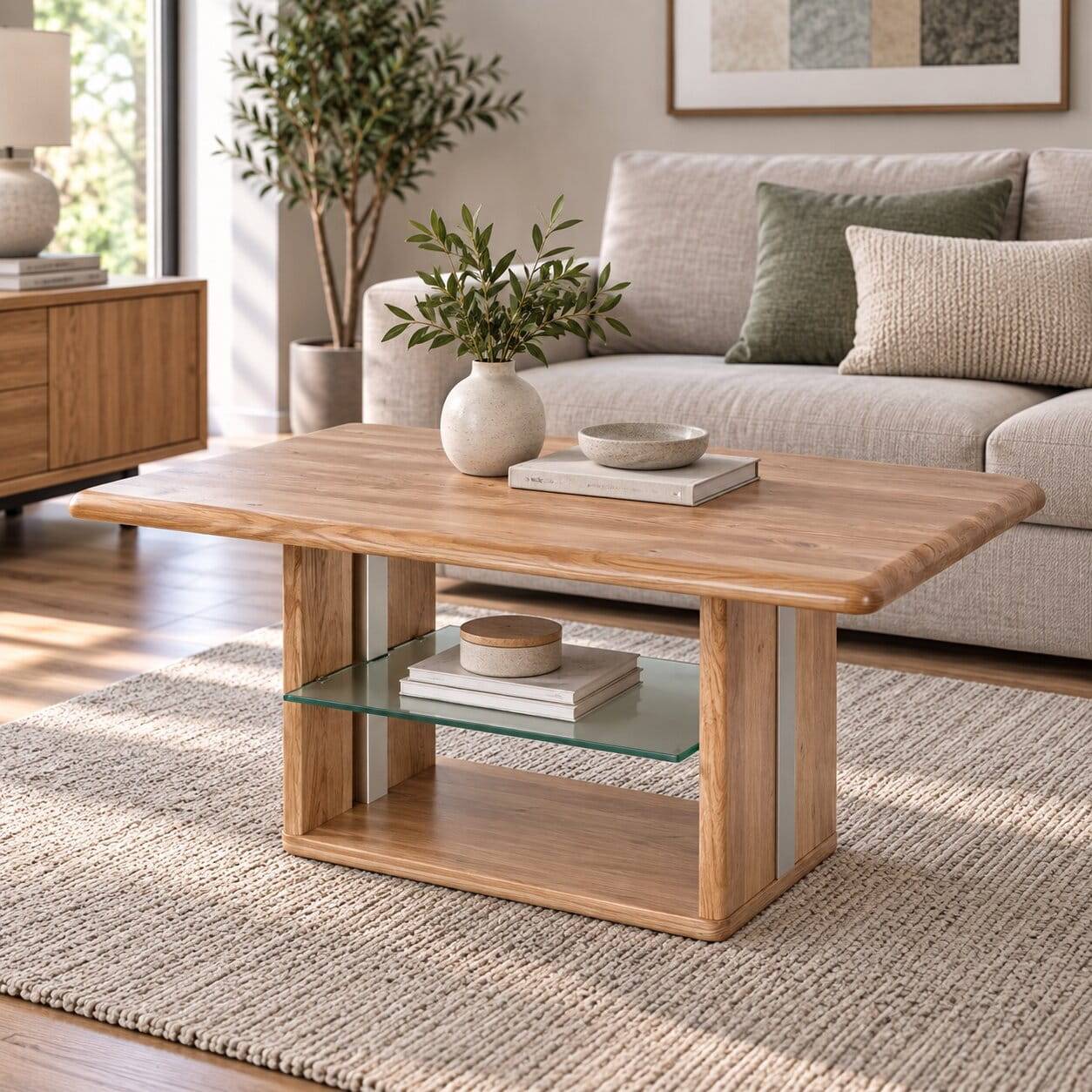 Höhenverstellbarer Couchtisch Callas aus Wildeiche Massivholz 110 cm