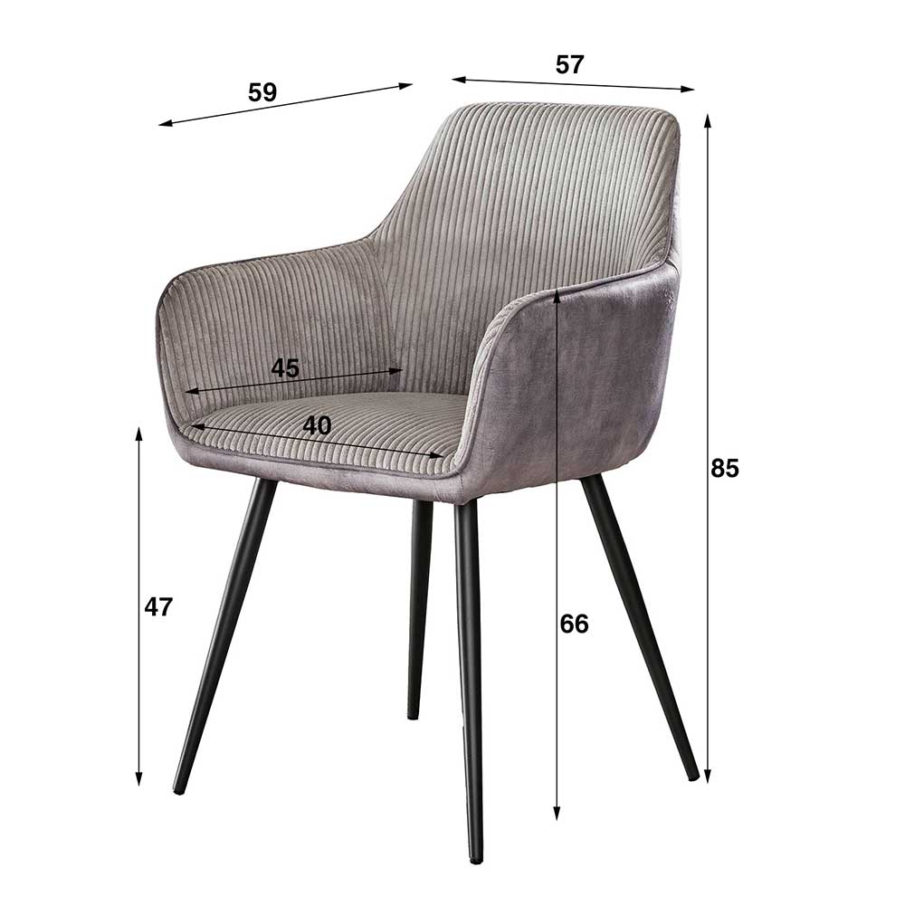 Polsterstuhl in Silbergrau Cord & Samt - Norklin (2er Set)