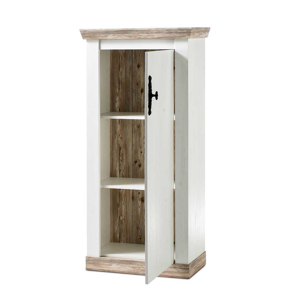 Schmales Highboard 1-türig Nedita in Weiß & Pinie Shabby Dekor