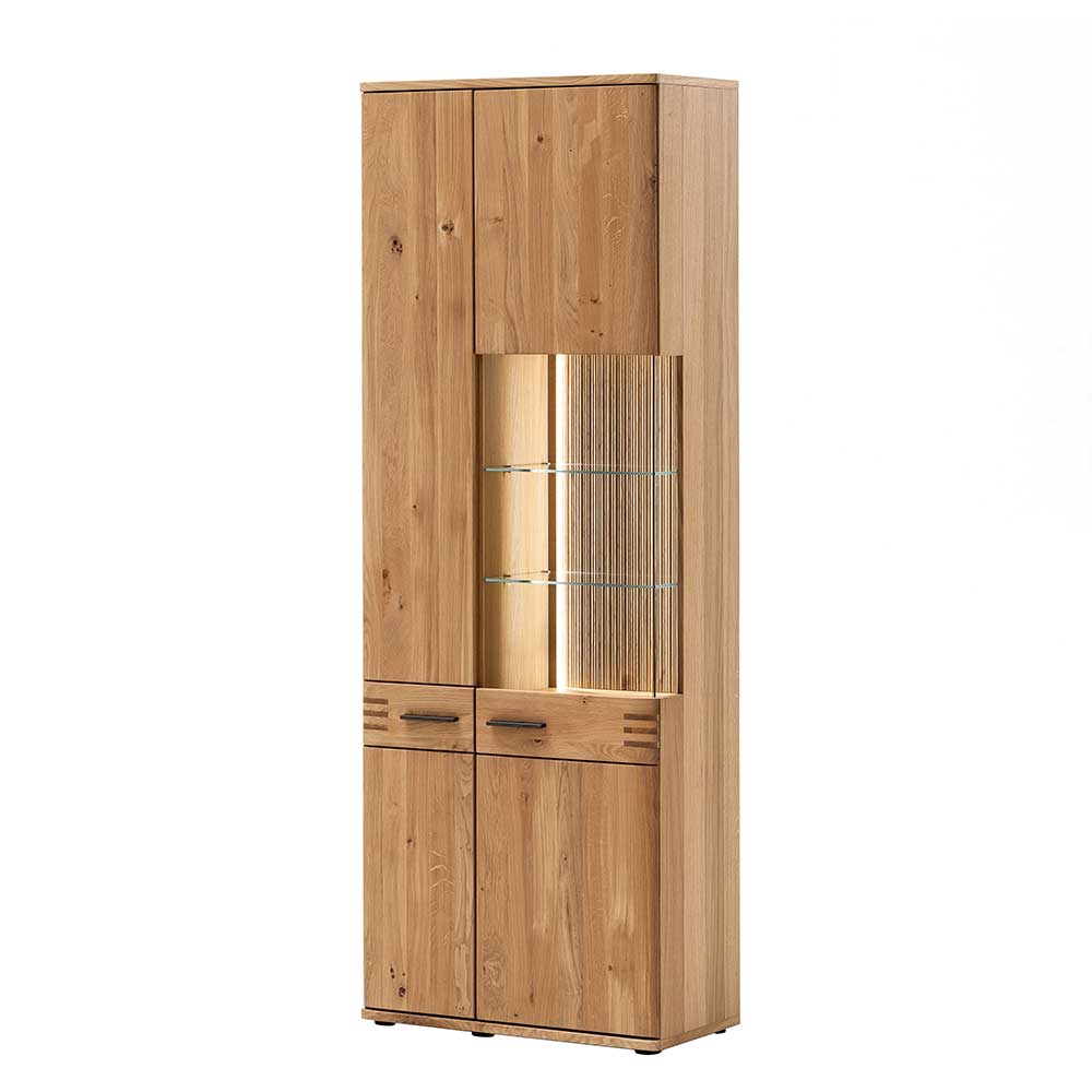 Wohnzimmerschrank aus Eiche natur mit beleuchteter Vitrine, Glasböden und Schubladen – Crupean