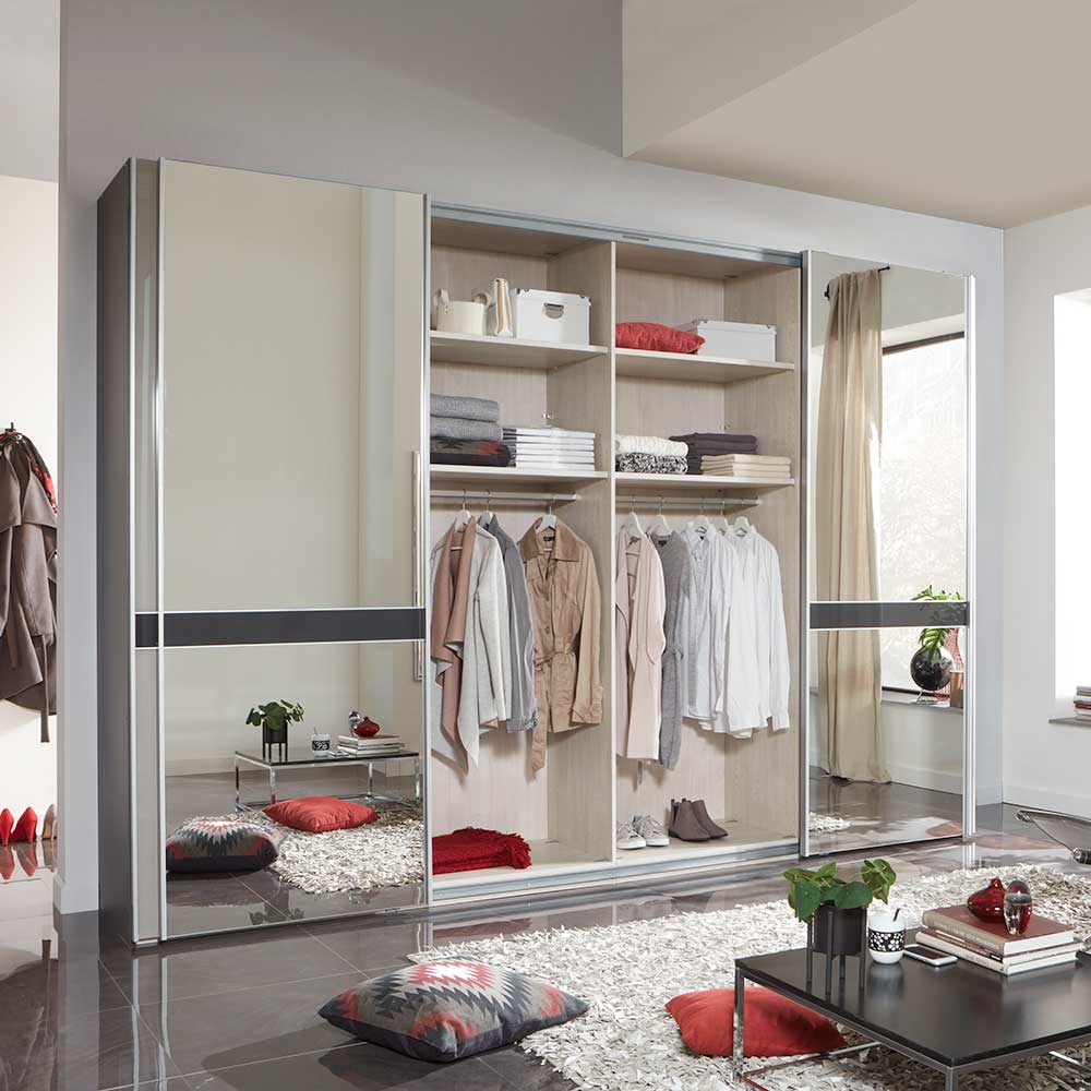 Design Schrank mit Spiegel & Glas Front Hellgrau - Capolyna