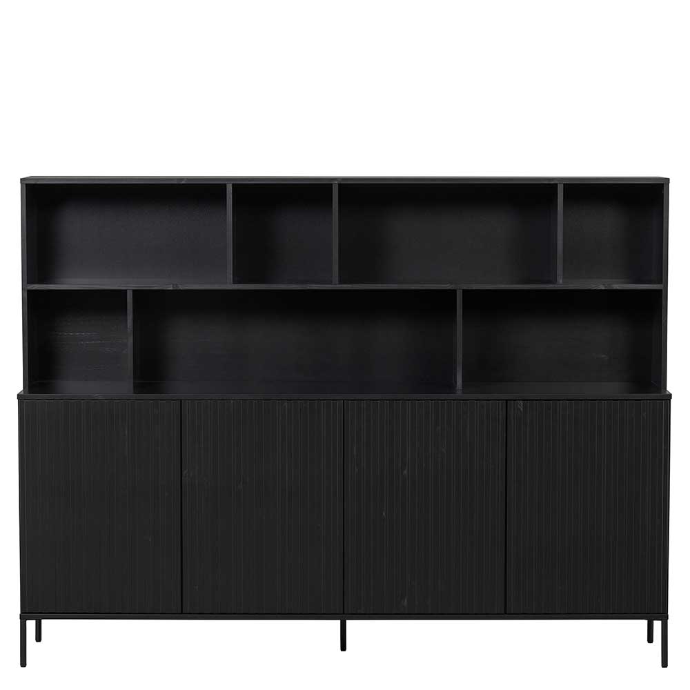 Schwarzes Skandi Sideboard mit vier Türen und offenem Regalaufsatz – Princiva