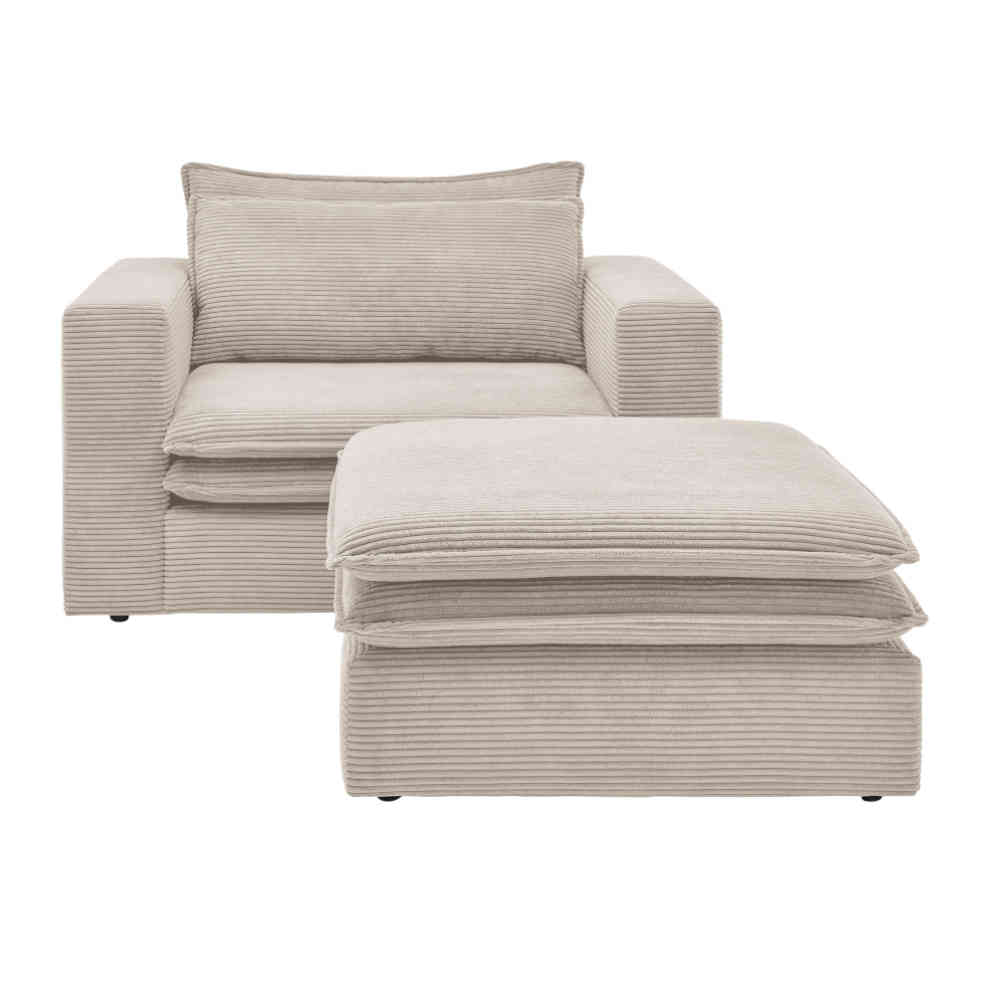 Beiger Cord Sessel mit Hocker Set frontal auf weißem Hintergrund – Jony