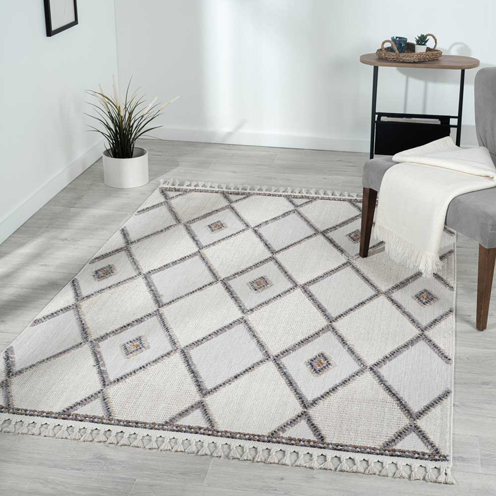 Teppich mit Rauten Muster in Beige und Weiß - Nikolan