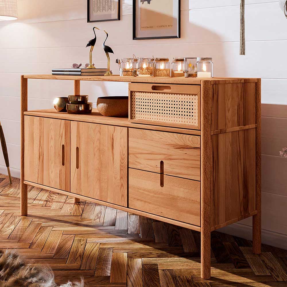 Echtholz Kommode aus Wildbuche mit Rattan-Element, Türen und Schubladen für Stauraum im Wohnzimmer – Indrya