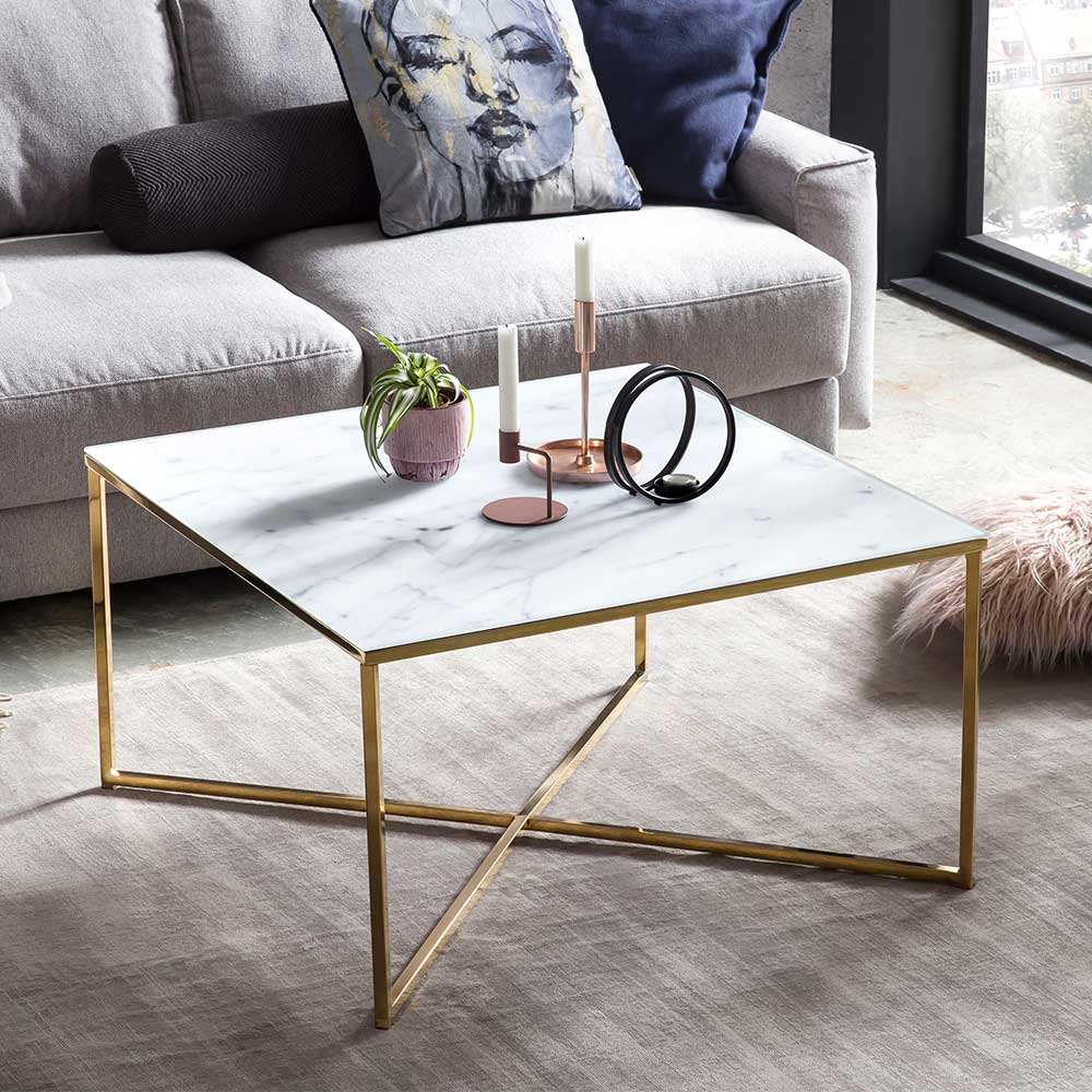 80x80 Quadrat Couchtisch in Marmor Optik & Gold - Hulmane