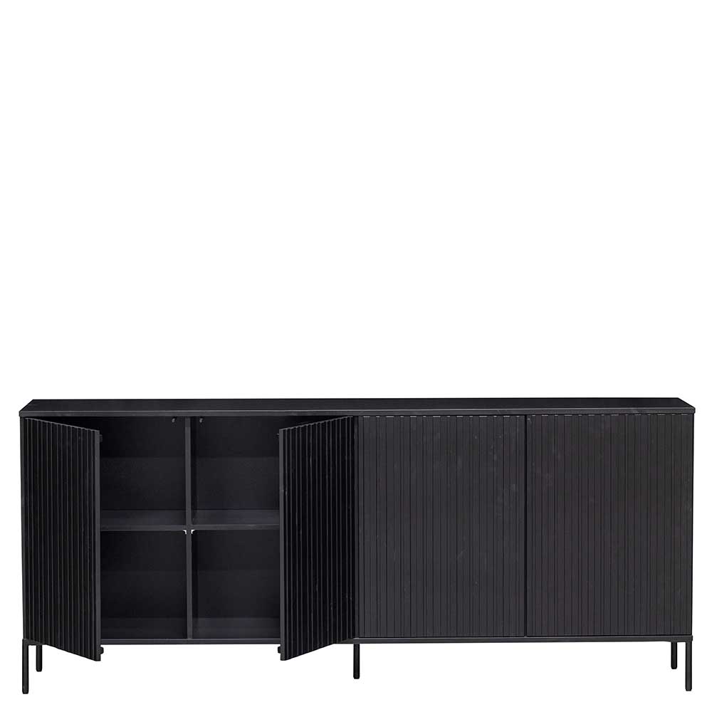 Offenes schwarzes Sideboard mit Regalböden und geriffelten Türen – Gelvins