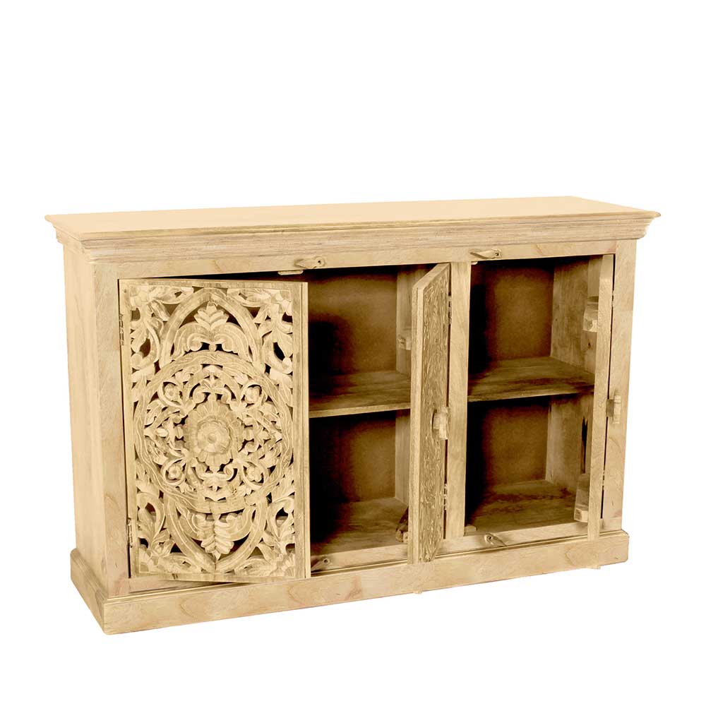 Dekoratives Holz Sideboard mit floralen Schnitzereien, eine Tür geschlossen, zwei offen – Runiasa