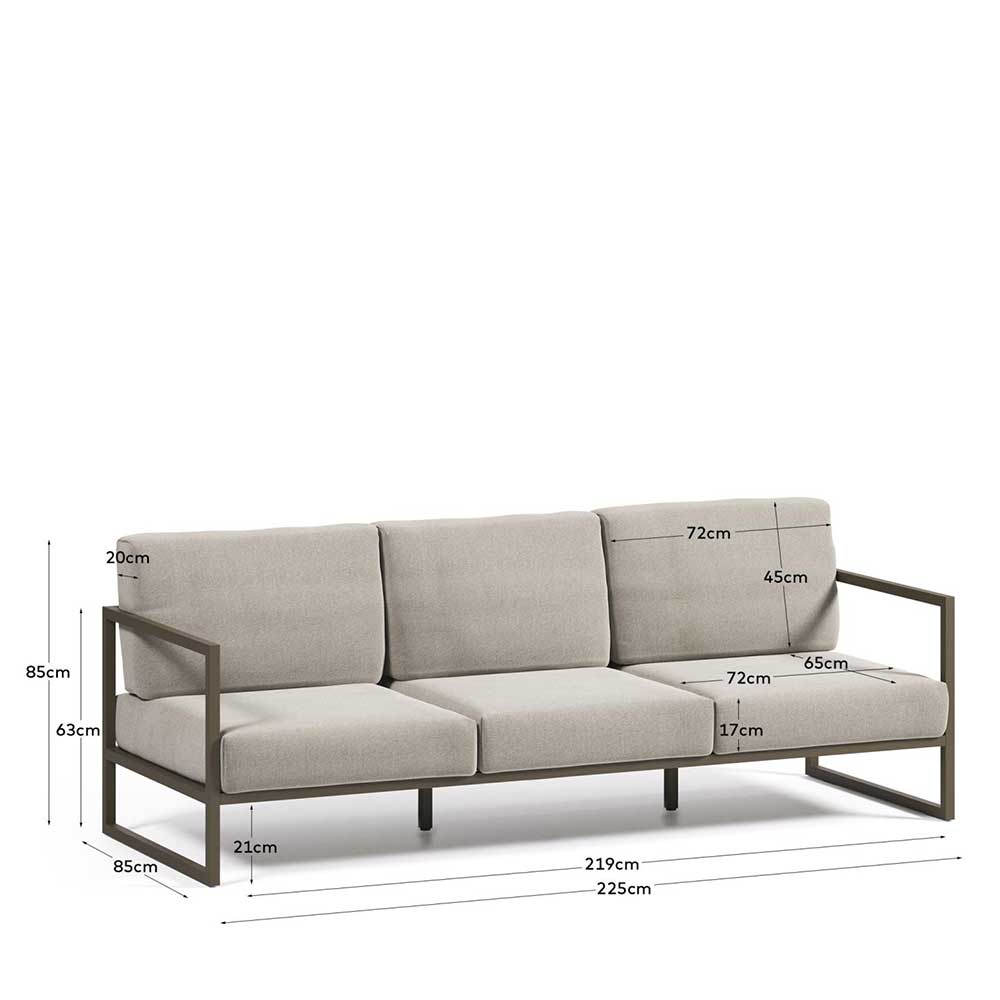 3-Sitzer Gartensofa in Graugrün und Hellgrau mit detaillierten Maßen und Abmessungen – Zaruto