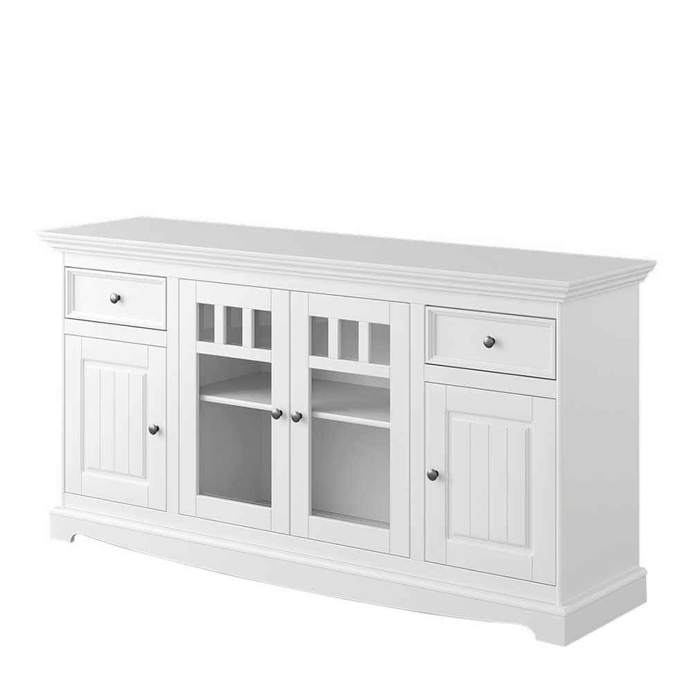 Weiß lackiertes Landhaus Sideboard mit Schubladen und Glastüren für Wohnzimmer – Indico