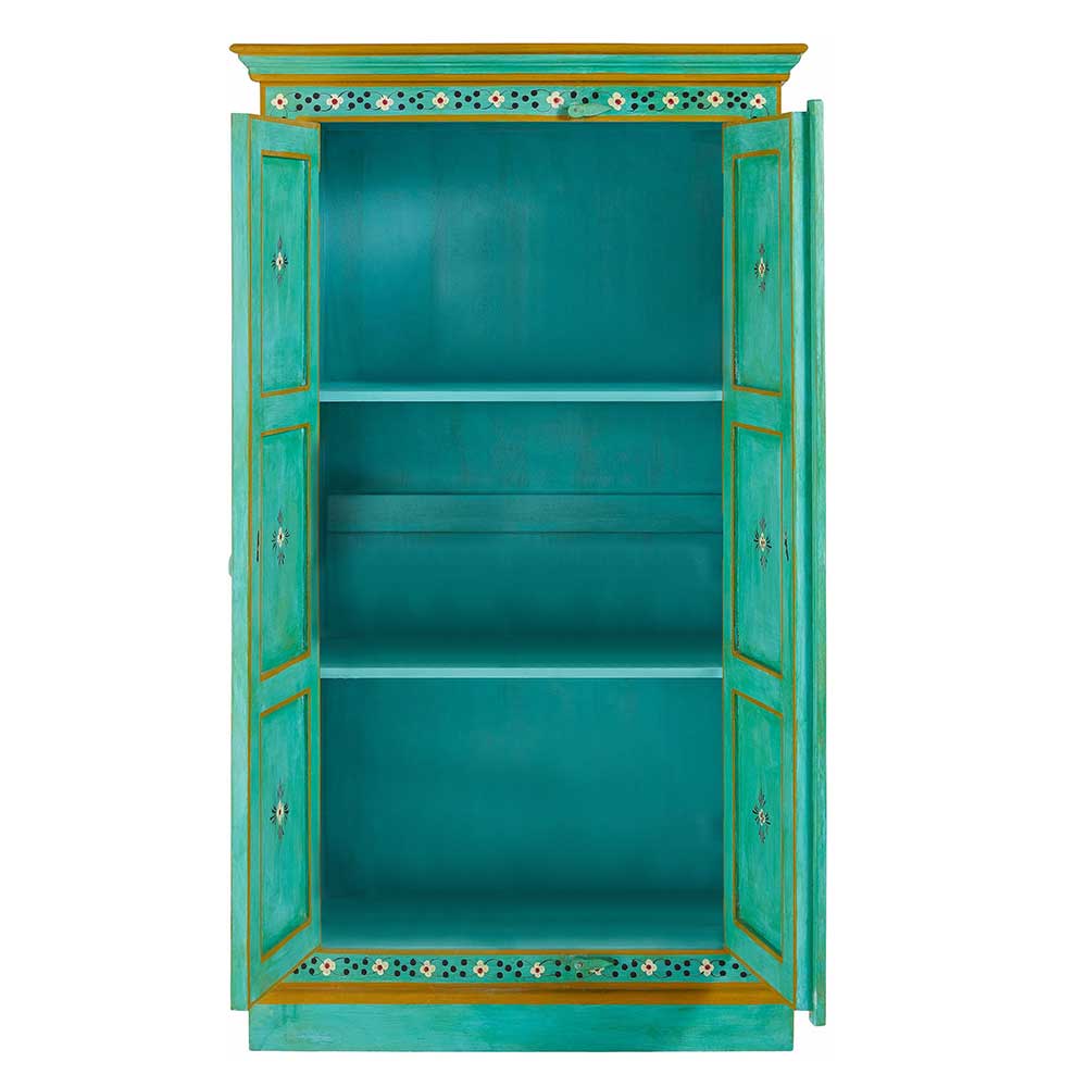 Türkis bemalter Vintage Holzschrank mit geöffneten Türen und drei Ablagefächern – Lennlo