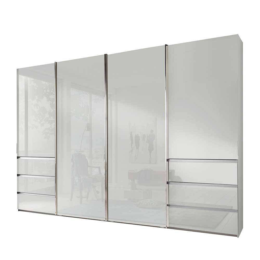 Moderner weißer Schwebetürenschrank mit Hochglanzfronten und Spiegeltüren – Highlamp