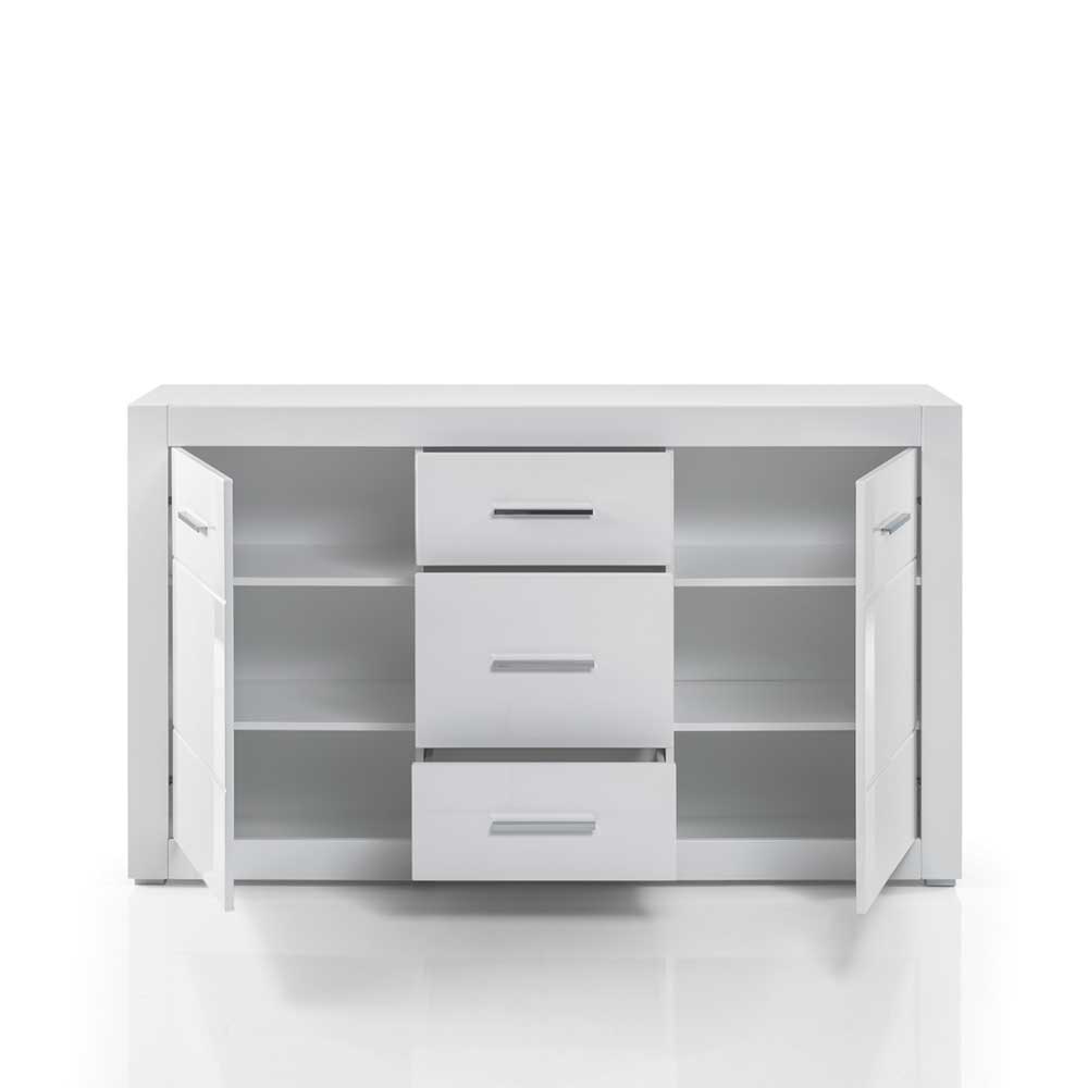 Weißes Sideboard mit Hochglanz Front Yulis & Chrom Metallgriffen