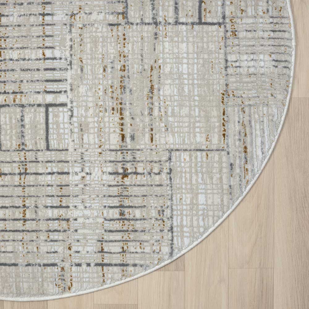 Runder Teppich mit modernem, abstraktem Muster in Beige, Grau und Goldbraun – Neverdo