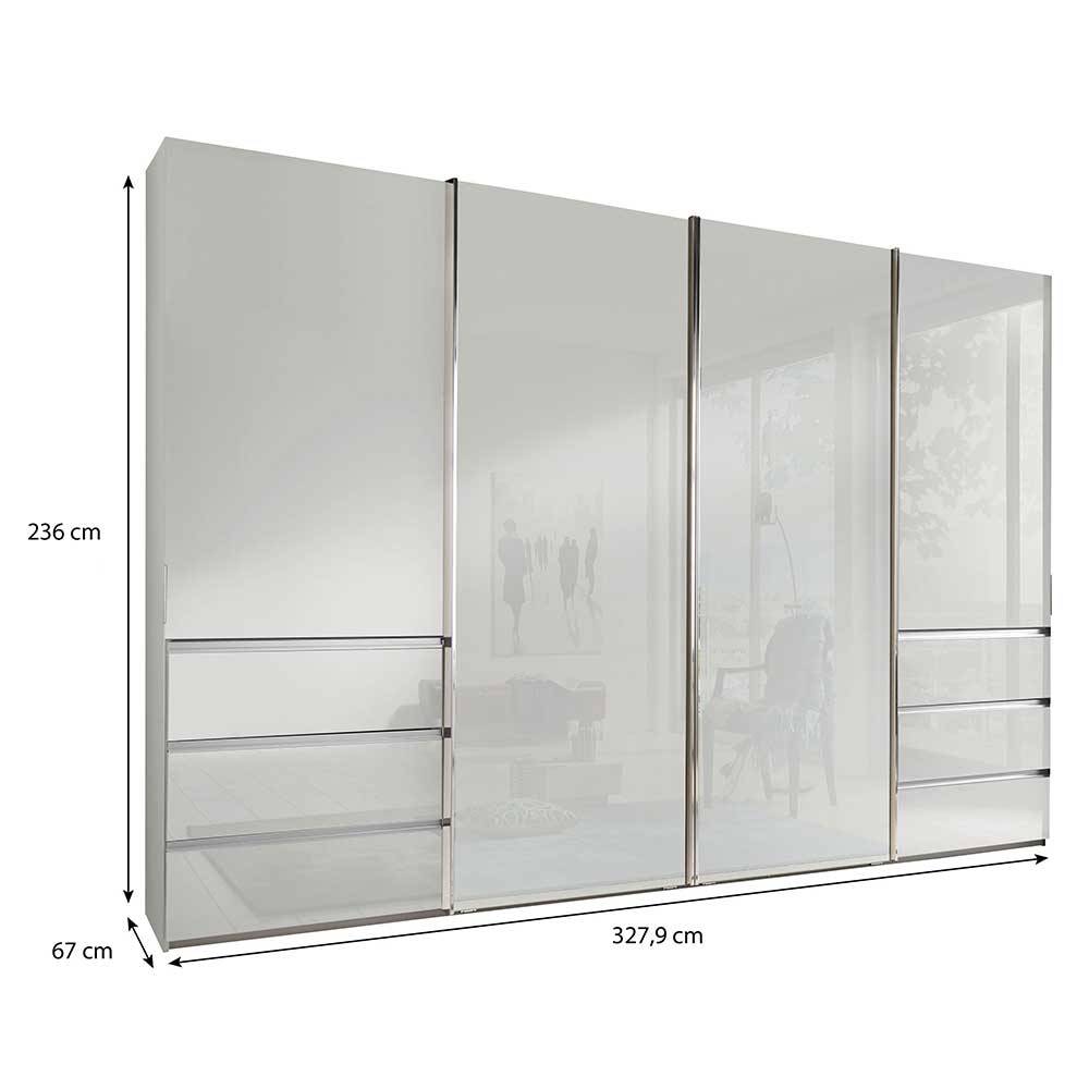 Weißer 4-türiger Schwebetürenschrank mit Spiegeln und Maßen – Highlamp