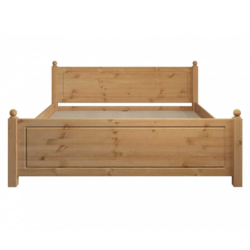 Doppelbett aus hellem Kiefer Massivholz, breite Liegefläche, rustikales Design – Rusula