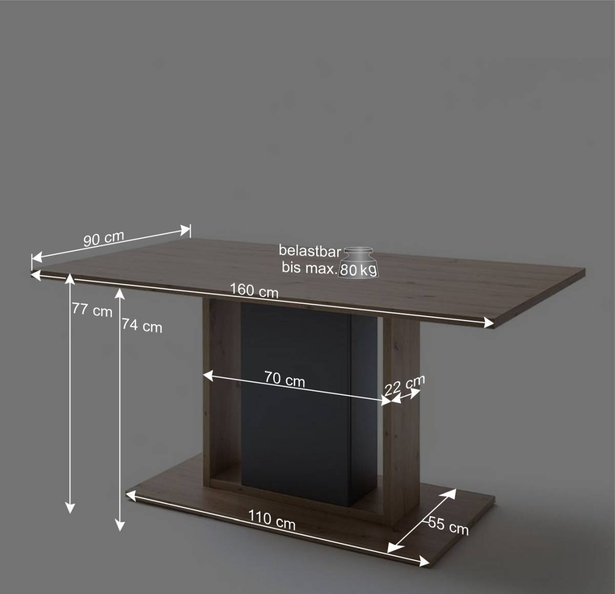 Moderner Säulentisch in Eiche Optik & Grau - Dalavera