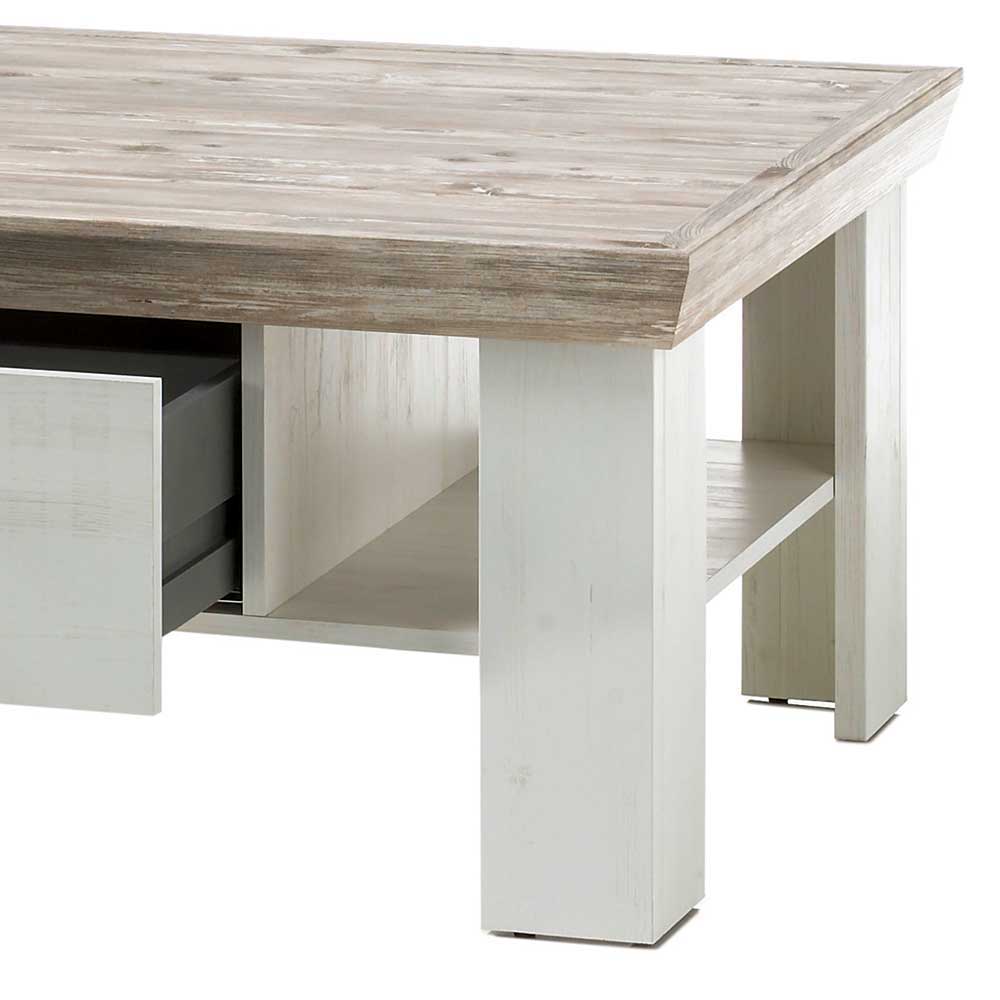 Scandi Landhaus Sofatisch mit 2 Schubladen Nedita in Weiß & Pinie Shabby
