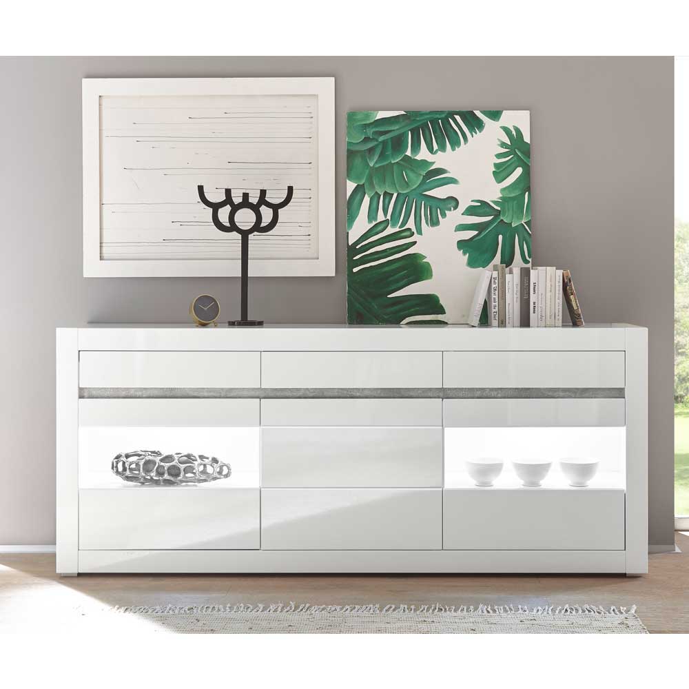 Hochglanz Sideboard in Weiß mit 2 Glaseinsätzen Mextra & Beton Dekor