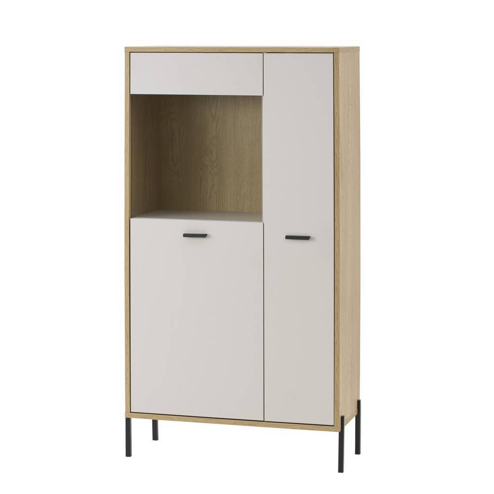 Stilvolles Highboard in Beige und heller Holzoptik mit Schublade, Türen und schwarzen Beinen – Dasanti