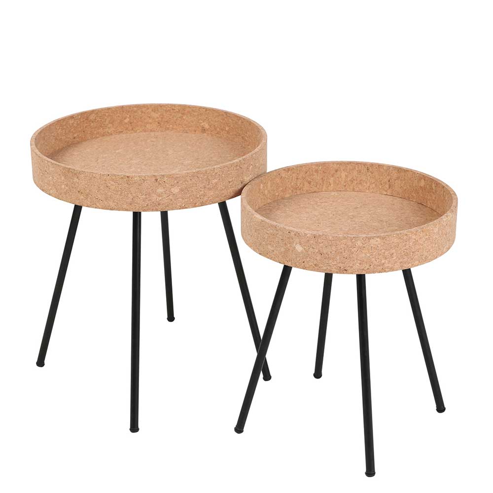 Beistelltisch-Set zweiteilig mit runden Korkplatten und schwarzen Dreibein-Gestellen – Exas