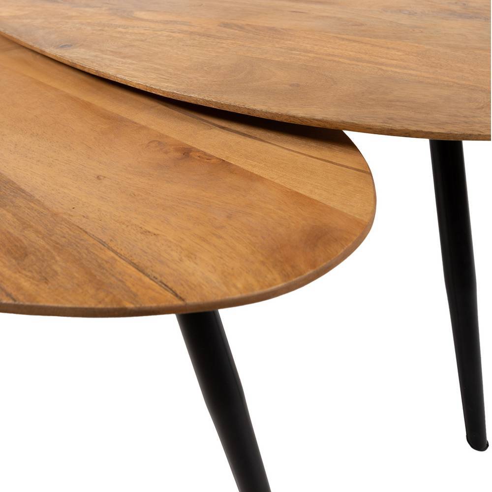 Überlappende Mangoholz-Tischplatten des Couchtischs mit schwarzen Metallbeinen – Dress