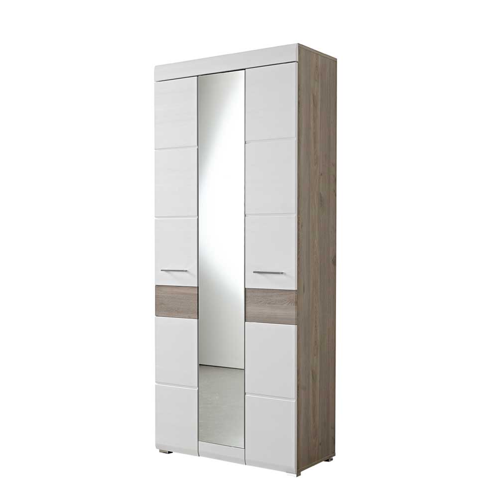 Großer Garderobenschrank mit Spiegeltür in Weiß und Silbereiche – Brosgo