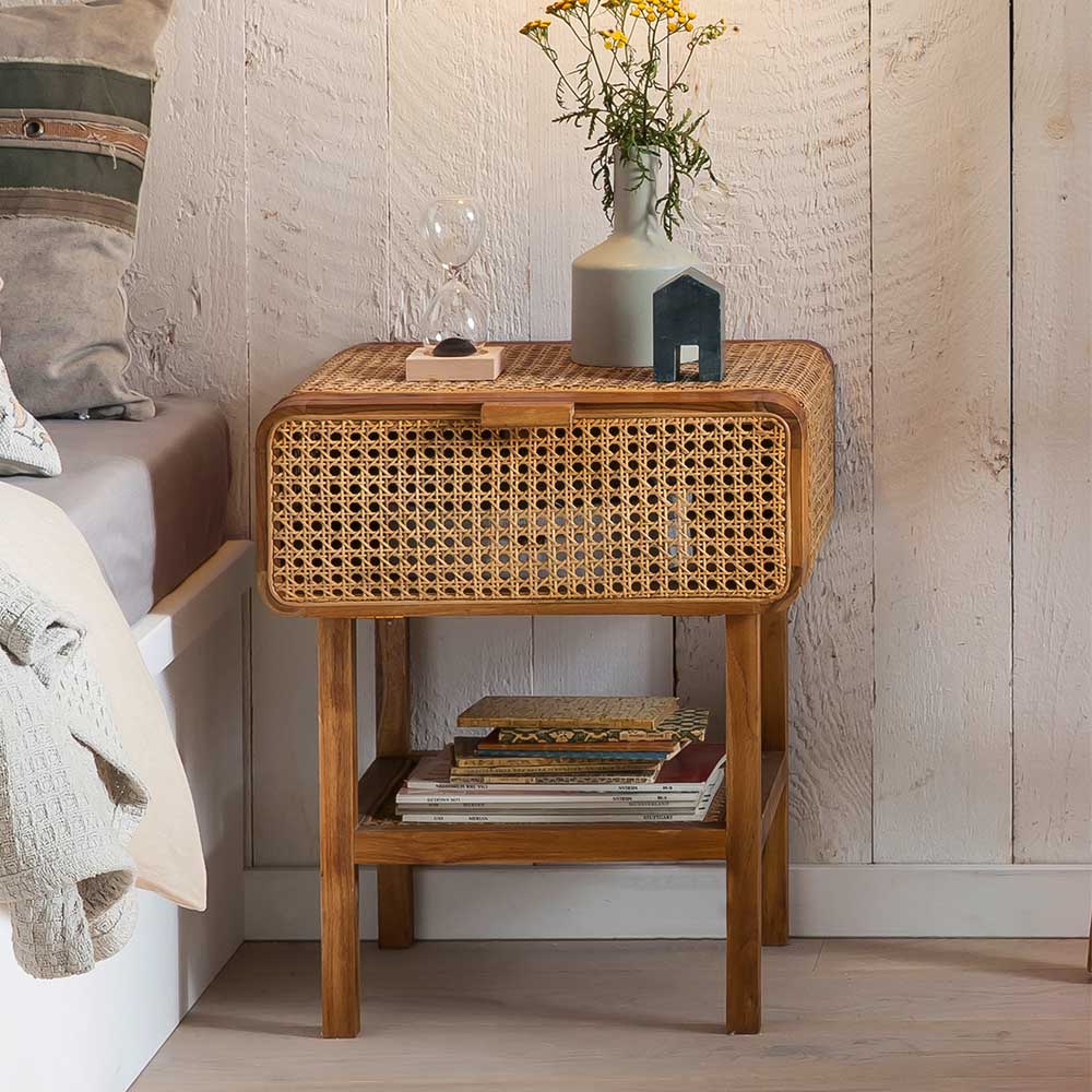 Teak Holz Nachtkommode mit Wiener Geflecht - Teako