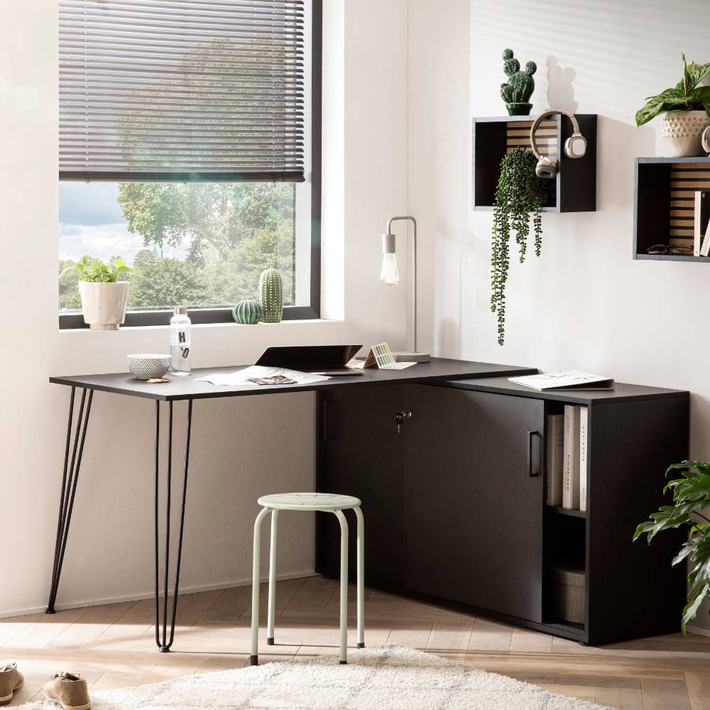 Schwarzer Eckschreibtisch mit integriertem Aktenschrank für flexibles Home Office – Benadetta