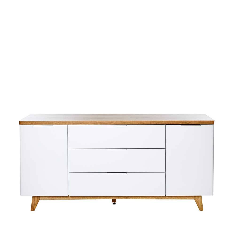 Modernes Skandi Sideboard weiß mit Kerneiche Ablage und Holzfüßen für Wohnzimmer – Xuana