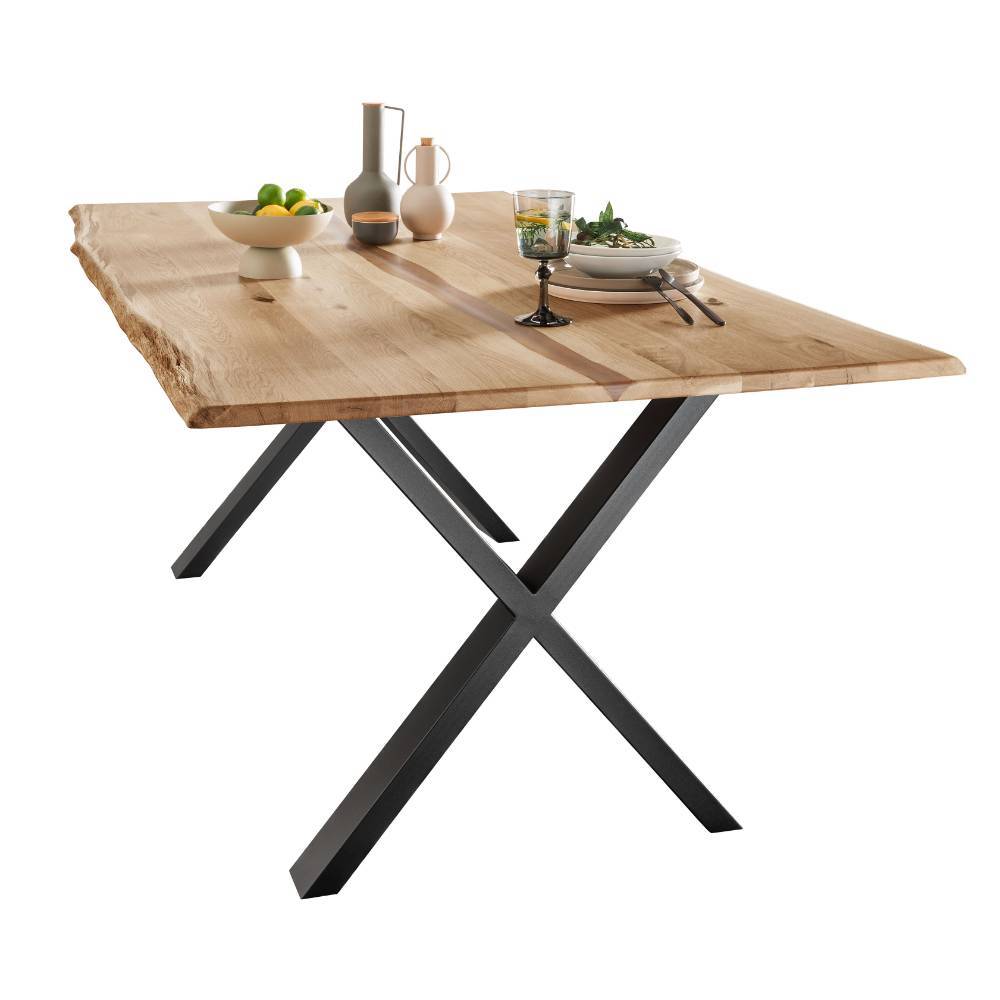 Wildeiche Naturkanten-Tisch mit X-Füßen - Lum