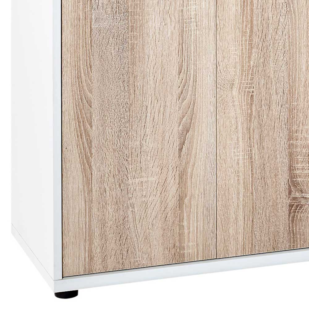 Aktenordnerschrank Detail der zweifarbigen Tür in Holzoptik mit weißem Sockel und Fuß – Garian