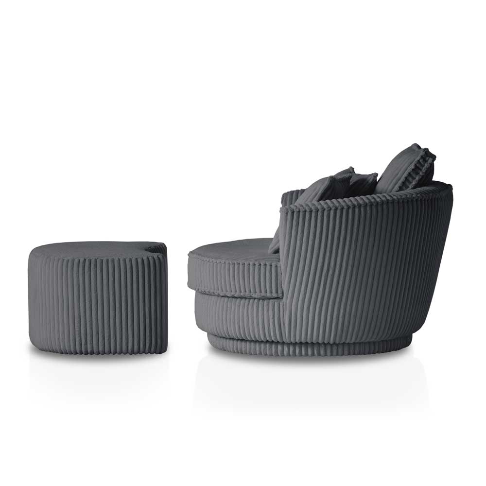 Seitliche Ansicht vom anthrazitfarbenen Big Sessel mit Hocker aus geripptem Chenille – Fassong