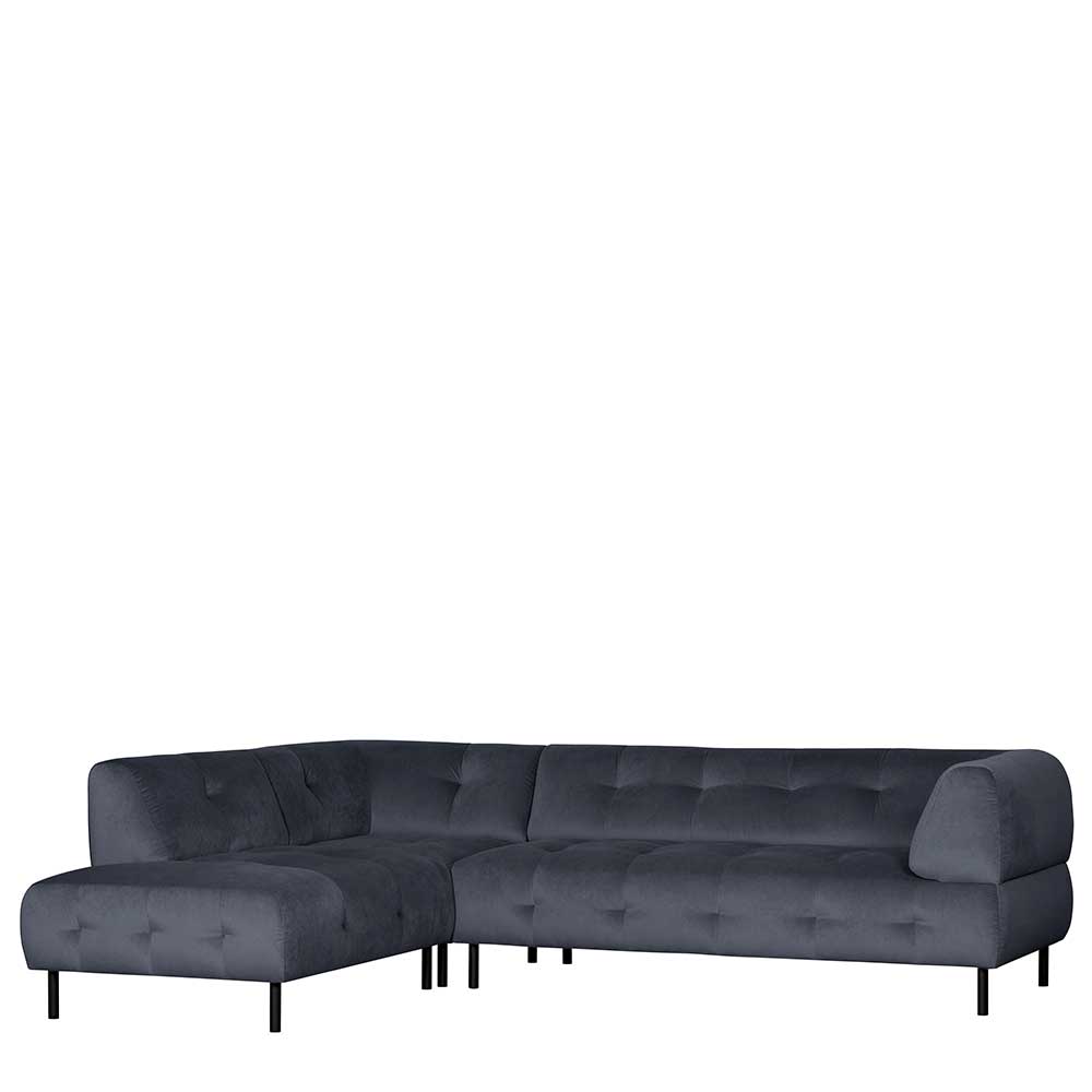 Dunkelgraues L-Sofa aus Samt mit Steppung und linker Ottomane für das Wohnzimmer – Roccoss