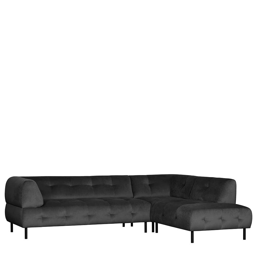 Graubraunes Samt Ecksofa mit Chaiselongue rechts und gesteppten Sitzflächen für den Wohnbereich – Marian