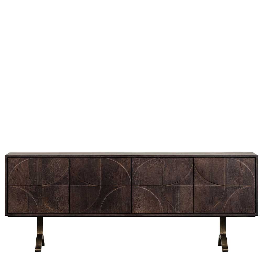 Design Sideboard aus dunklem Mango Holz mit kreisförmigem Muster und Messingfüßen – Pisino