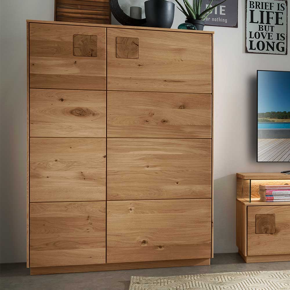 Wildeiche Highboard mit Hirnholz Applikation - Millena