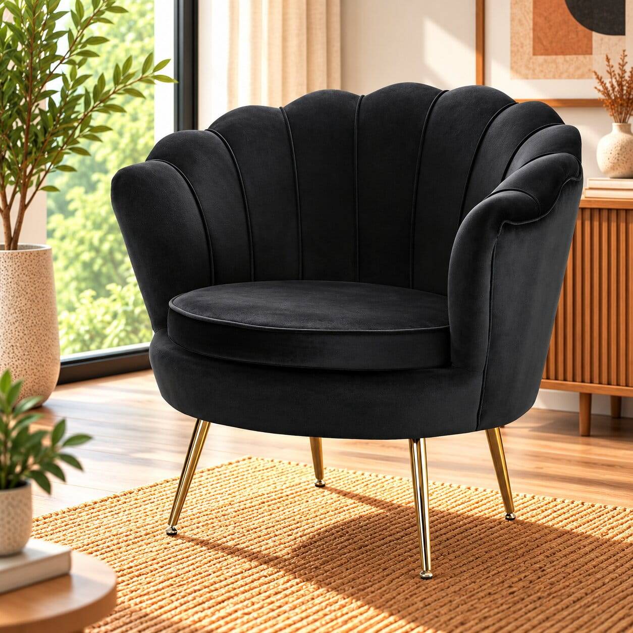 Retro Muschel Sessel in Schwarz Samt - Edrova