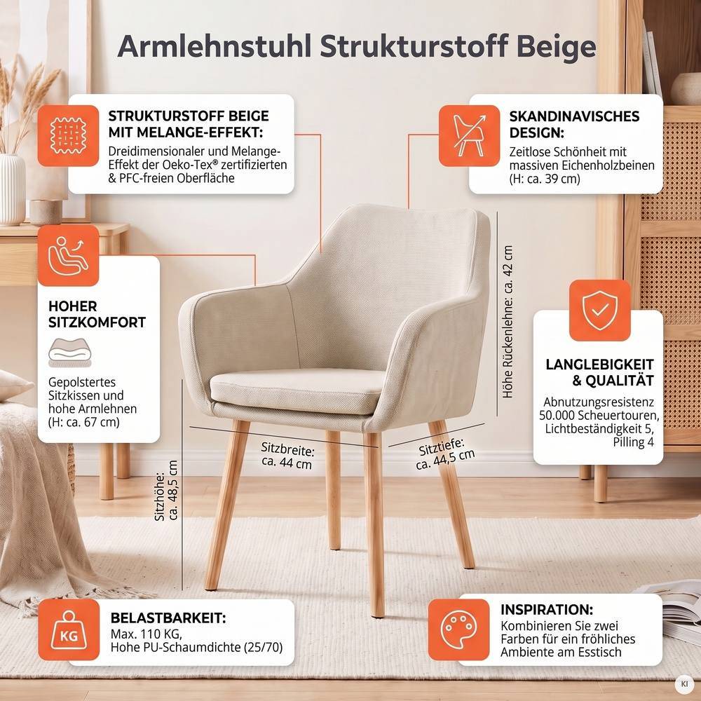Beiger Armlehnstuhl mit Strukturstoff und Holzbeinen – Maße und Produktmerkmale – Sulcan