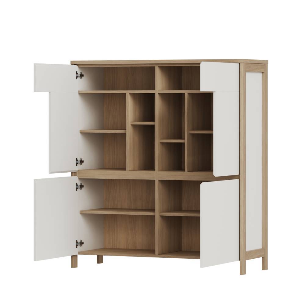 Offenes Highboard mit vielen Einlegeböden und Stauraum in weißer Holzoptik – Ovidio